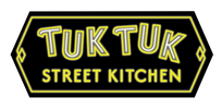 Logo of Tuk Tuk Street Kitchen with a black background and yellow text.